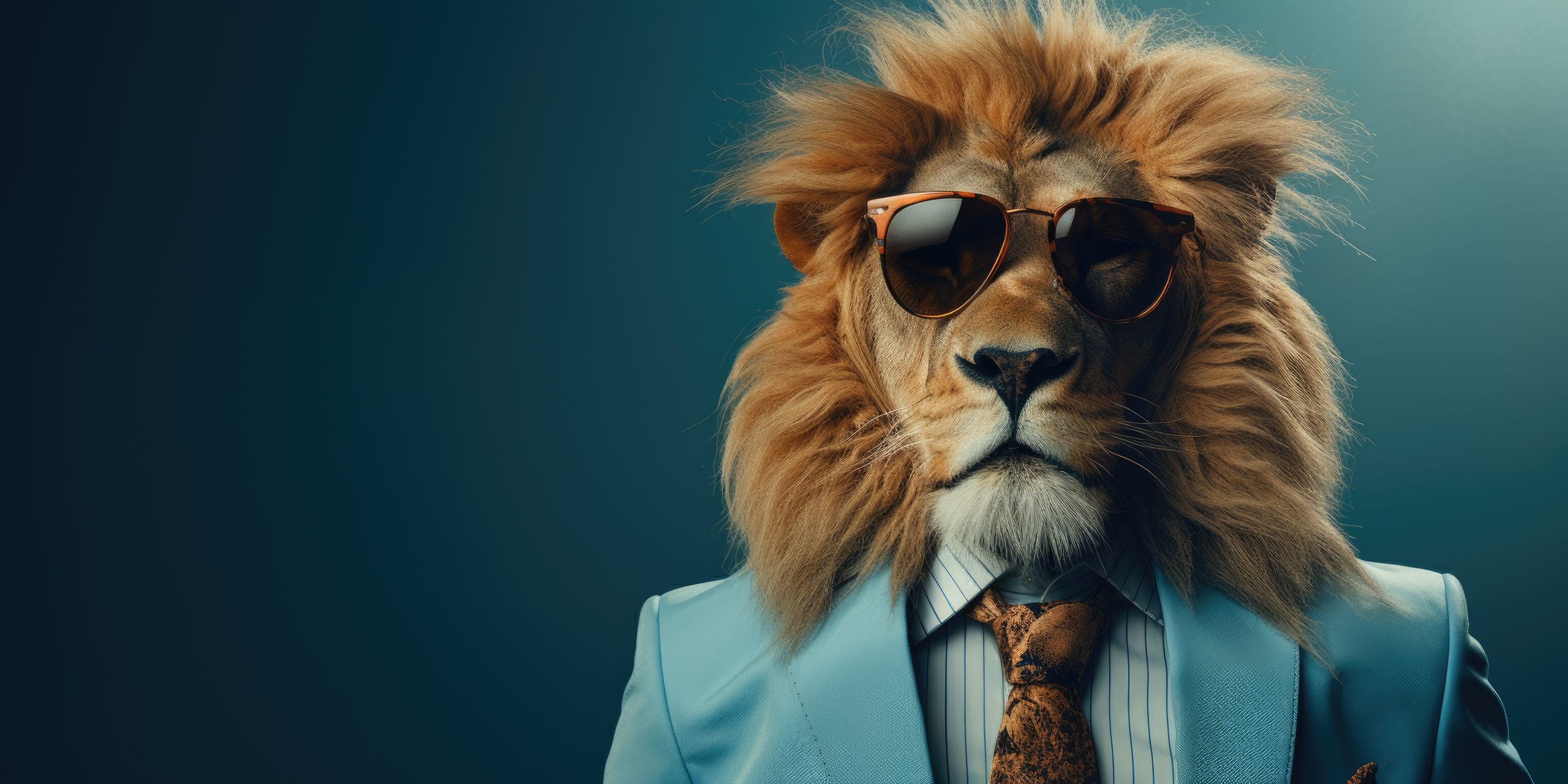 Stylish lion in an elegant business suit on a blue background.